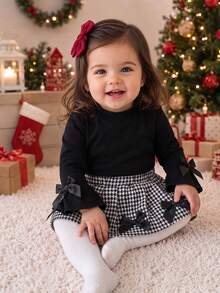 2pcs Baby Girl Cute Comfortable Stand Collar Bell Sleeve Knit Top & Houndstooth Skirt Set, Thin Spring/Autumn - Black - View 1