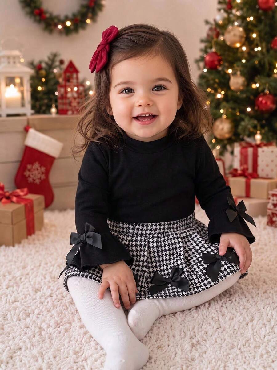 2pcs Baby Girl Cute Comfortable Stand Collar Bell Sleeve Knit Top & Houndstooth Skirt Set, Thin Spring/Autumn - Black - View 1