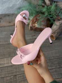 Women's New Fashion Elegant Thin High Heel Sandals, Sweet Bow Decor Toe Peep Toe Design Solid Color Platform Slides - Pink - View 1