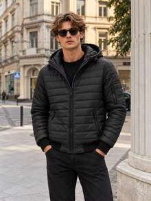 Men's Hooded Quilted Padded Jacket With Zip Pockets & Ribbed Trim, Casual Lightweight Outerwear - Black - View 1