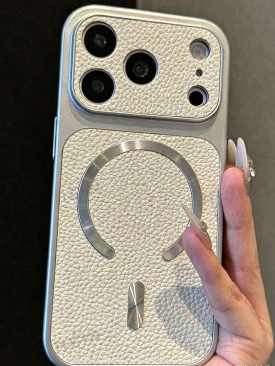 Premium Lychee Texture CD Pattern Magnetic Wireless Charging Phone Case, Compatible With IPhone 18 Pro Max 18 Pro 17 Pro Max 17 Pro 16 Pro Max 15 Pro Max 14 Pro 13 12, Luxury Matte Lens Protection Shockproof Cushion Back Cover - White - View 1