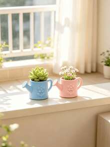 Creative Watering Can Shaped Small Flower Pot, Embossed Floral Cute Succulent Planter, Desktop Mini Potted Plant Decor Ornament, Balcony Indoor Greenery Small Flower Vase - Watering Can and Flower Pot - View 6