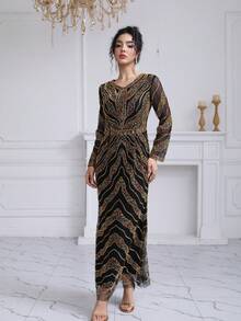 JINLICX Elegant Luxury Solid Color Sequin Beaded Evening Gown For Wedding, Holiday, Formal Dinner, Spring, Summer, Autumn - Black - View 3