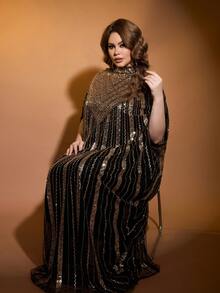 JINLICX Women's Plus Size Sparkling Sequin Arabian Maxi Dress Beaded Stand Collar Batwing Sleeve Gown For Evening Parties - Black - View 6