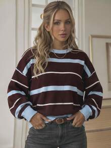 Women's Blue Colorblock Crew Neck Long Sleeve Sweater Set, Autumn/Winter, Skin-Friendly, Slouchy, Casual Daily Wear - Brown - View 5