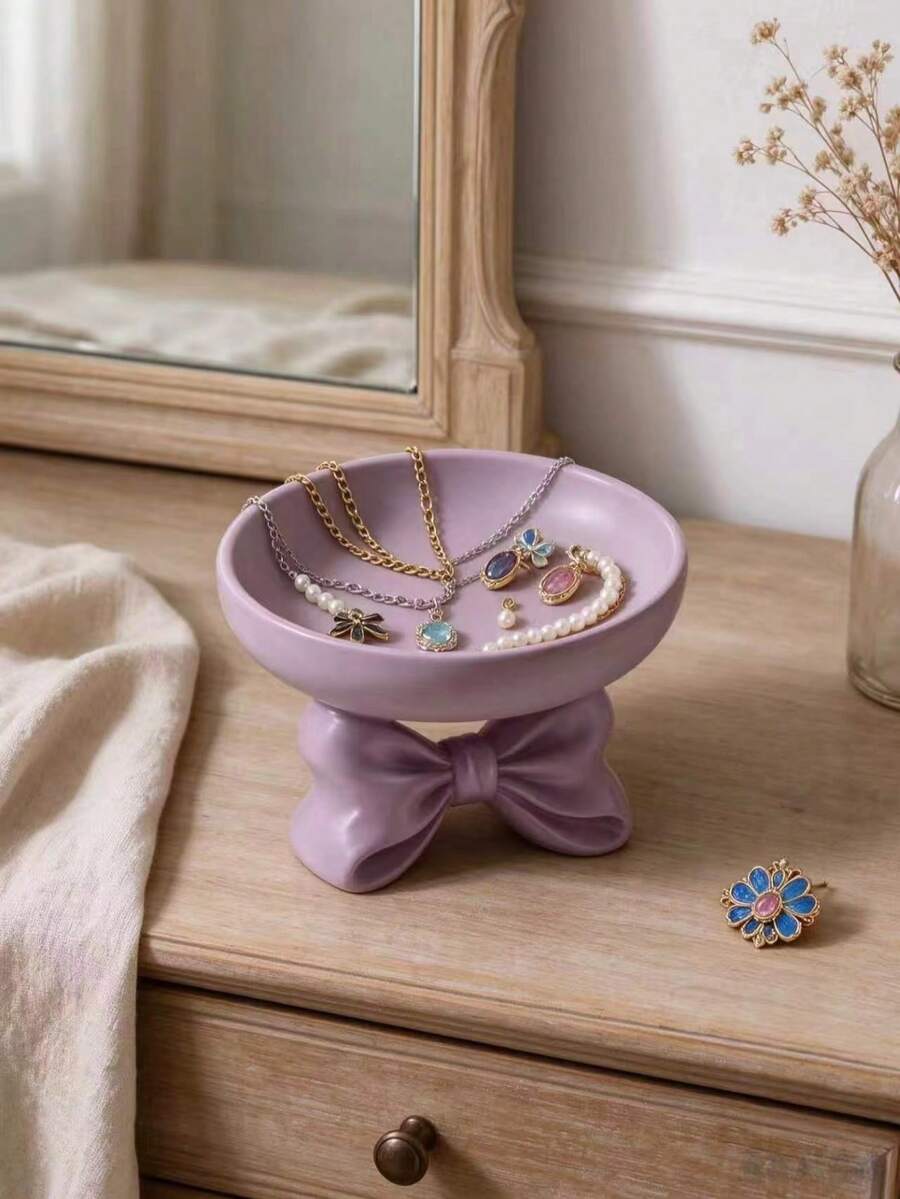 1pc Purple Bow-Shaped Jewelry Storage Tray, Desktop Earring Necklace Ring Jewelry Organizer, Vanity Decor Ornament, Entryway Key Small Item Storage Dish, Room Soft Decoration Home Accessory, Holiday Gift - Multicolor - View 1