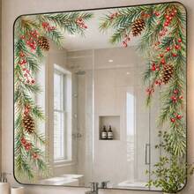 1pc Christmas Pine Branch Red Berry Mirror Sticker Watercolor Pine Cone Holiday Decoration Self-Adhesive Bathroom Mirror Decal - Multicolor - View 1