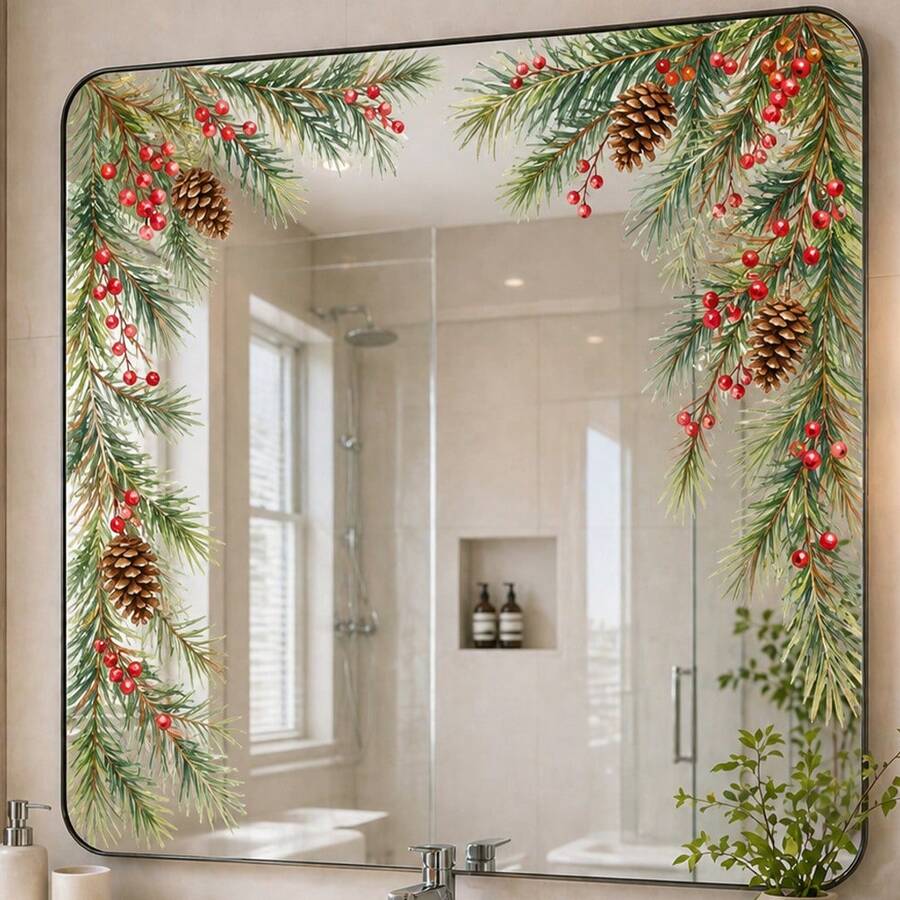 1pc Christmas Pine Branch Red Berry Mirror Sticker Watercolor Pine Cone Holiday Decoration Self-Adhesive Bathroom Mirror Decal - Multicolor - View 1