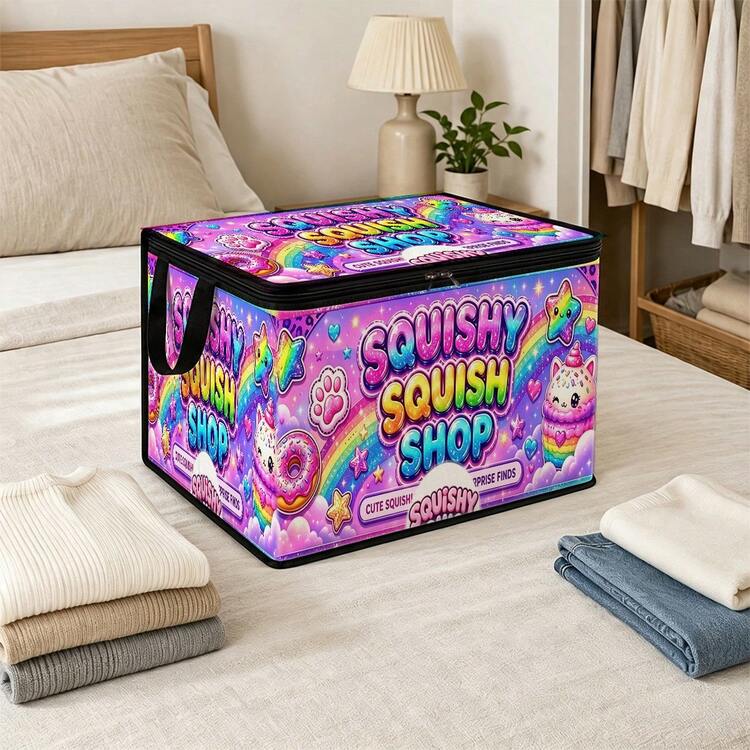 1件 2D扁平 Squishy Squish Shop 彩虹甜點卡通圖案床底收納盒，附拉鍊翻蓋可折疊，適用於書籍整理、床底收納、汽車後車廂收納、化妝品、美髮工具、玩具收納、學生開學收納、辦公室、居家收納、衣物、毛毯，大容量日常用品收納 - A - 查看 6