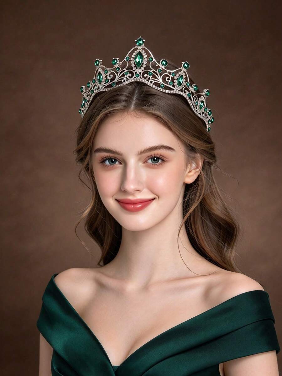 1件裝奢華半圓形皇冠 鑲鑽裝飾 新娘婚禮派對女性皇家皇冠 - 銀綠色 - 查看 1