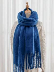 1pc Solid Color Scarf, Winter Warm Neck Protection, Thickened Wool Knitted Shawl With Tassels, Wearable - Royal Blue - View 11