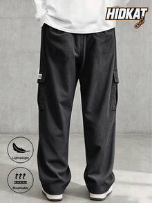 Hidkat Men's Corduroy Cargo Pants, Lightweight, Multi-Pocket, For Sports, Fitness, Daily Wear, Street Style, Spring/Autumn - Black - View 3