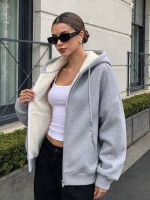 Women's Thermal Lined Thick Lamb Wool Hooded Sweatshirt Jacket, Warm Zipper Sweatshirt Top For Autumn/Winter - Grey - View 8