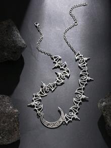 Halloween Silver Moon Bat Necklace, Crescent Moon Pendant With Bat Chain Neckpiece, Gothic Vampire Theme Party Accessory For Women - Silver - View 4
