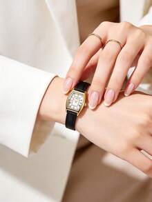 SUNLIFEX 1件女款桶形休閒石英手錶，金色合金錶殼，白色羅馬數字錶盤，黑色荔枝紋PU錶帶，優雅手錶 - 黑色 - 查看 5