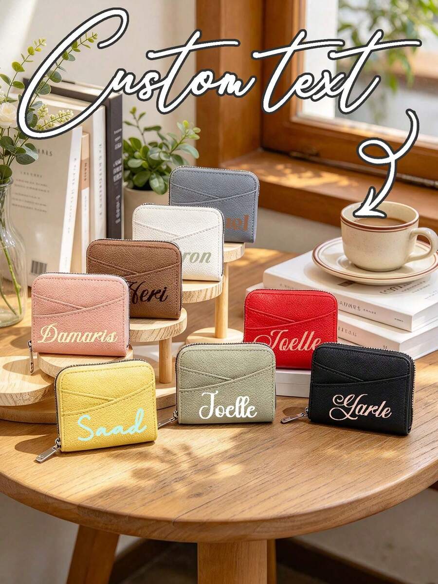 1pc Personalized Custom Text Mini Zipper Wallet, PU Leather Zipper Card Holder, Women's Casual Daily Coin Purse, Cute Mini Money Bag Gift For Her - Multicolor - View 1