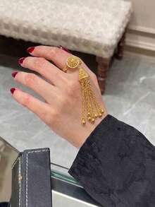 24K Gold Plated Ring, Rust-Resistant Gold Alternative Filigree Disc Jhumka Bell Multi-Strand Tassel Chain Statement Ring Jewellery Women - Tassel Ring - View 4