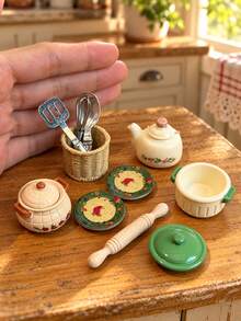 Miniature Kitchen Cookware And Utensils Model Set With Lidded Pot, Floral Teapot, Plates, Whisk And Rolling Pin, Pastoral Style Dollhouse Accessories - one-size - View 5