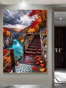 1pc Diamond Painting Kit, Colorful Oil Painting Style Landscape Autumn Scenery Diamond Art, Full Drill Rhinestone Decor For Living Room, Entryway, Bedroom, Hallway, Suitable For Handmade DIY Popular Scene - round diamond - View 3