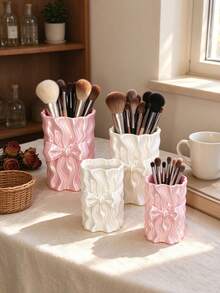 3D Printed Wavy Bow Makeup Brush Holder, Realistic Satin Gloss Texture, Pink And White Dual Color Options, Can Store Makeup Brushes And Pens, Suitable For Vanity And Desk, Girly Style Highly Attractive Desktop Decoration Storage Ornament - Multicolor - View 2