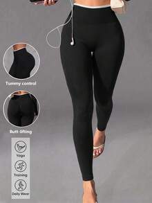 Ruched Butt-Lifting Tight Pants, Contrast Color Trim, High Elasticity, Seamless, Suitable For Sports And Daily Wear - Black - View 3