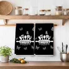2pcs/Set, Fun Kitchen Knife & Fork Pattern Kitchen Towels, Super Soft & Highly Absorbent Dish Cloths, Cooking Baking Tea Towels, Dish Cloths, Tea Towels, Kitchen Decor, Neighbor Gift, Mom Gift, Birthday Gift, Sweet Housewarming Gift For Friends, Kitchen Accessories, Decorations, Daily Necessities, Christmas Gift, Christmas Decor. - Black - View 6