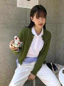 Áo cardigan len dệt kim co giãn nữ cổ tròn, tay dài, cài nút trước, viền bèo, màu xanh ô liu vintage, áo khoác layer mùa thu phong cách thường ngày - màu xanh lá - Xem 4