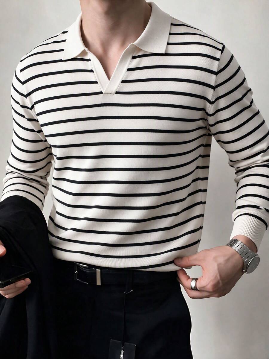 Men's Autumn/Winter Casual Striped Knit Sweater, Turn-Down Collar, Loose Fit, Horizontal Stripes, Color Block, Pullover Long Sleeve Polo Base Layer
