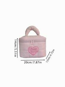 Soft Puffy Quilted Heart Embroidered Makeup Bag, Portable Travel Toiletry Bag With Handle - Pink - View 2
