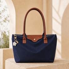 Women's Large Capacity Canvas Tote Bag, Vintage Color Block Trim Waterproof Nylon Shoulder Commuter Handbag - Royal Blue - View 1