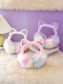 1pc Cat Ear Quicksand Sequin Decor Soft Faux Fur Fluffy Cute Rainbow Earmuffs, Suitable For Winter Daily, Christmas Party, Outdoor - Multicolor - View 2