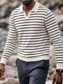 Men's Horizontal Striped Knit Polo Sweater, Vintage Autumn/Winter Contrast Color Airplane Collar V-Neck Long Sleeve Layering Top - Apricot - View 5
