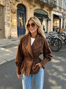 جاكيت نسائي من Solstice Apparel بطراز غربي عتيق، بني بلون الجلد المدبوغ، بياقة وأكمام خفاشية وزر واحد وخصر مشدود - قهوة بني - مشاهدة 7