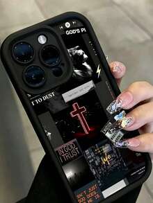 1pc Black Cross Collage Pattern Perforated Anti-Drop Anti-Fingerprint Full Coverage Phone Case Compatible With Iphone - Multicolor - View 3