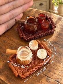 Miniature Coffee And Tea Drink Model, Includes Drink Pot, Cup And Faux Woven Tray Miniature Models, Dollhouse Kitchen Accessories, Model House Cafe Scene Decoration - one-size - View 3