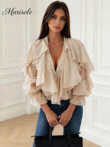 Women's V-Neck Lantern Sleeve Ruffle Trim Button Decor Loose Chiffon Blouse, Fashionable Sexy Casual Semi-Sheer Bohemian Style Beach Top, Suitable For Spring, Autumn, Summer - Apricot - View 1