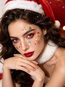 1pc Christmas Gingerbread Man Bear Face Decorative Sticker, Christmas Tree Snowman Bow Self-Adhesive Glue-Free Face Sticker, Holiday Party Photo Shoot Stage Makeup Facial Accent Sticker - Multicolor - View 2