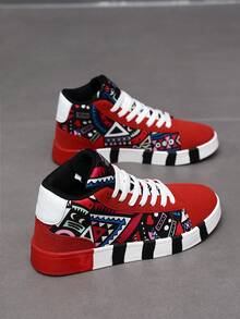 Sepatu Sneakers Kasual Pria Model High-Top Warna Merah Vintage dengan Patchwork Pola Geometris dan Sol Bergaris Hitam Putih - hitam merah - View 9