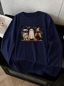 1pc Playera para hombre manga larga estampado gráfico gatos fantasma Halloween, estilo festivo, ropa cómoda casual para fiestas de otoño y diario - Azul marino - Ver 2