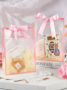 10 Transparent Pink Gift Tote Bags With Bow Ribbon And Handle, Elegant Waterproof PVC Party Favor Packaging Bags For Wedding, Birthday, Bridal Shower, Bachelorette Party, Candy Gift Wrapping And Storage, Cheap $0 Distribution Boxes, Distribution Bags, Wrapping Bags, Plastic Bags - Pink - View 4