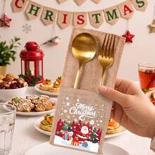 5Pcs Christmas Burlap Cutlery Holders, Santa Gift Print Linen Utensil Pouch For Holiday Table Decor - Multicolor - View 8