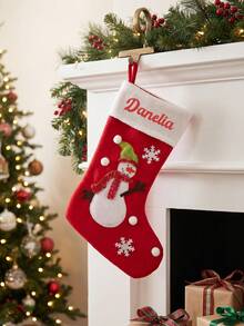 1pc Custom Name Christmas Stocking, Red Personalized Xmas Stocking With Santa Snowman Reindeer Applique, Snowflake Pom Pom Decoration, Fireplace Hanging Holiday Decor For Family - Multicolor - View 9