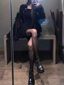 Rhinestone Embellished Cross Diamond Lattice Design Slimming Black Sheer Tights, Spring/Summer - Multicolor - View 3