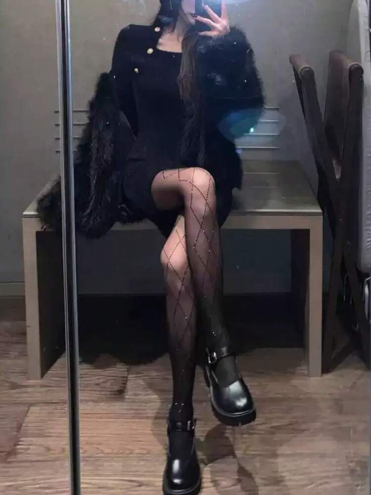 水鑽裝飾十字鑽格紋設計修身黑色透膚褲襪，春夏款 - 彩色 - 查看 1
