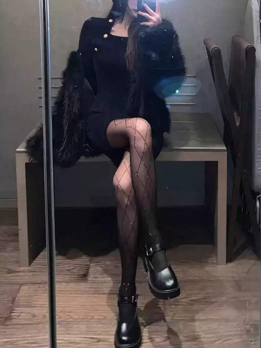 水鑽裝飾十字鑽格紋設計修身黑色透膚褲襪，春夏款 - 彩色 - 查看 1