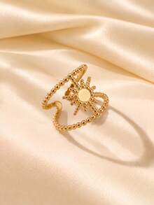 3pcs Gold Open Ring Set, Bowknot Hollow Sun Design, Overlapping Double Arm Style, Zigzag Design, Adjustable Fit, European And American Niche Design Accessory - Gold - View 7