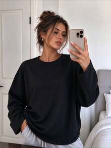 Women's Solid Color Long Sleeve Crew Neck T-Shirt, Regular Length Autumn Top, Casual Street Style - Black - View 4