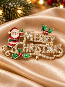 1pc Santa Claus/Christmas Tree Shaped Rhinestone Brooch, Gold Tone Merry Christmas Letter Enamel Pin, Vintage Exquisite Holiday Accessory, Suitable For Coats, Sweaters, Scarves And Bags Decoration, Christmas Party Outfit And Holiday Gift - Multicolor - View 10