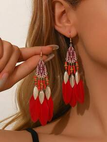 2pcs Bohemian Feather Tassel Earrings, With A Lively , Suitable For Island Vacations, Music Festivals, And Beach Gatherings - Multicolor - View 4