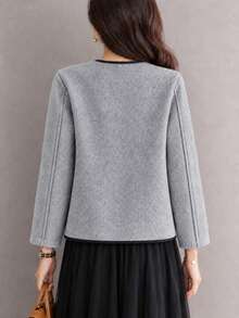 YUXIN Women's Elegant Round Neck Short Jacket, Black Trim, Front Button Closure, Patch Pockets, Loose Balloon Sleeves, Fashion Outerwear, Suitable For Office, Autumn/Winter Wear - Grey - View 9